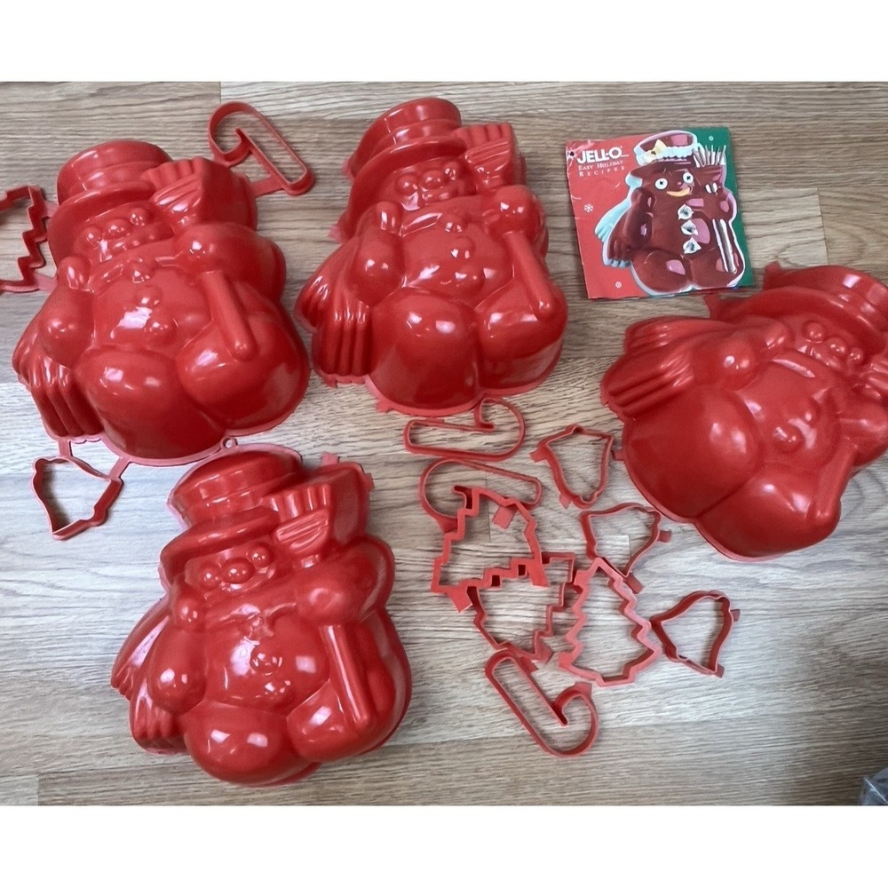 Set of 4 Vintage Jello Large 9" Snowman Molds with Jigglers Cutters Red Plastic